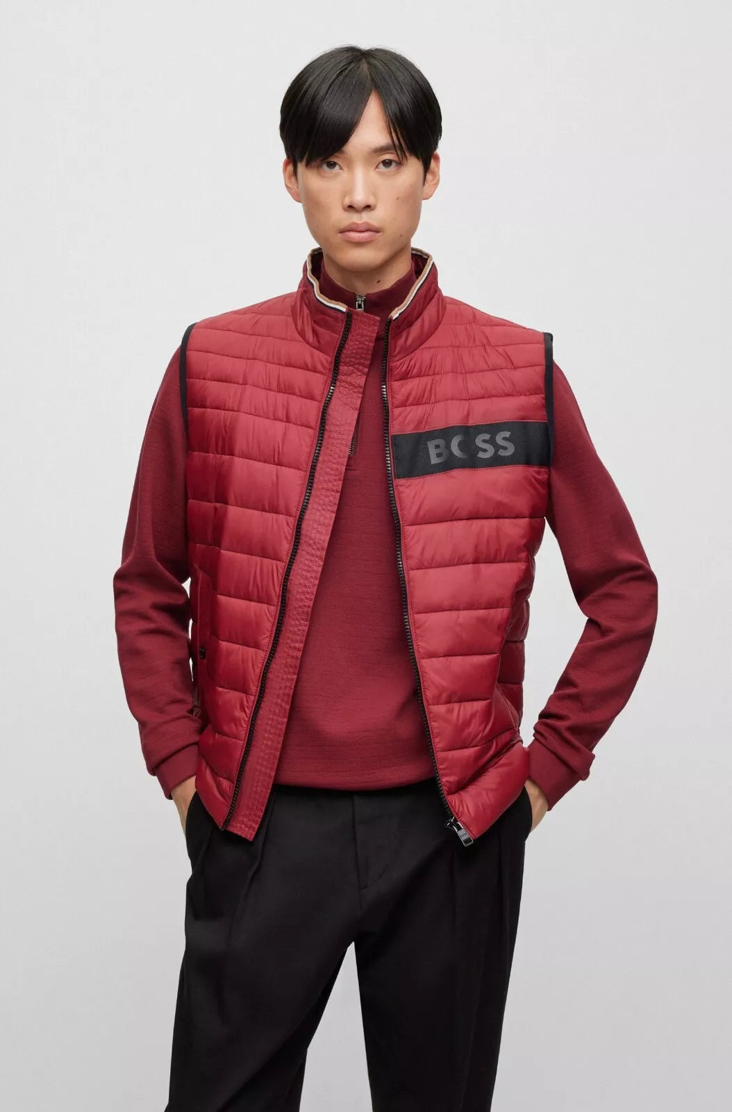 BOSS Water Repellent Gilet Vest with 3D-Logo Tape Dark Red - Size 40R