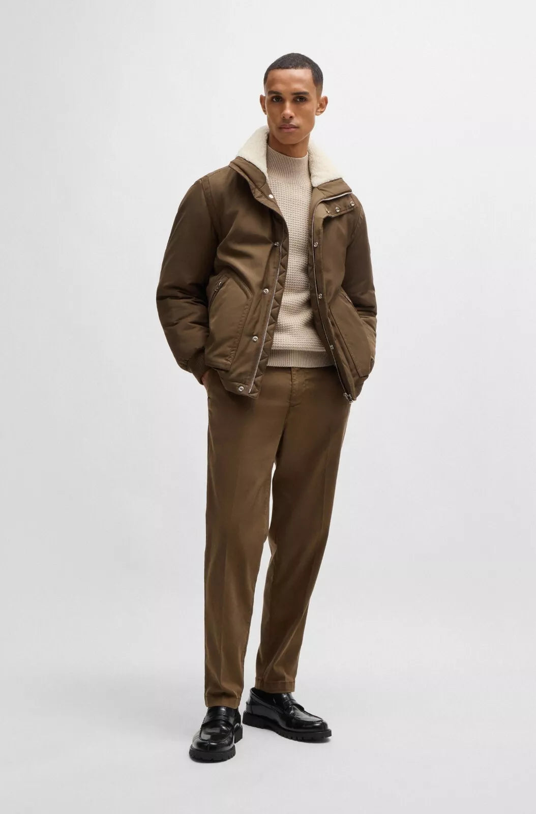 $645 BOSS Water Repellent Jacket Faux-Fur Collar Shoulder Logo Regular Fit - 40R