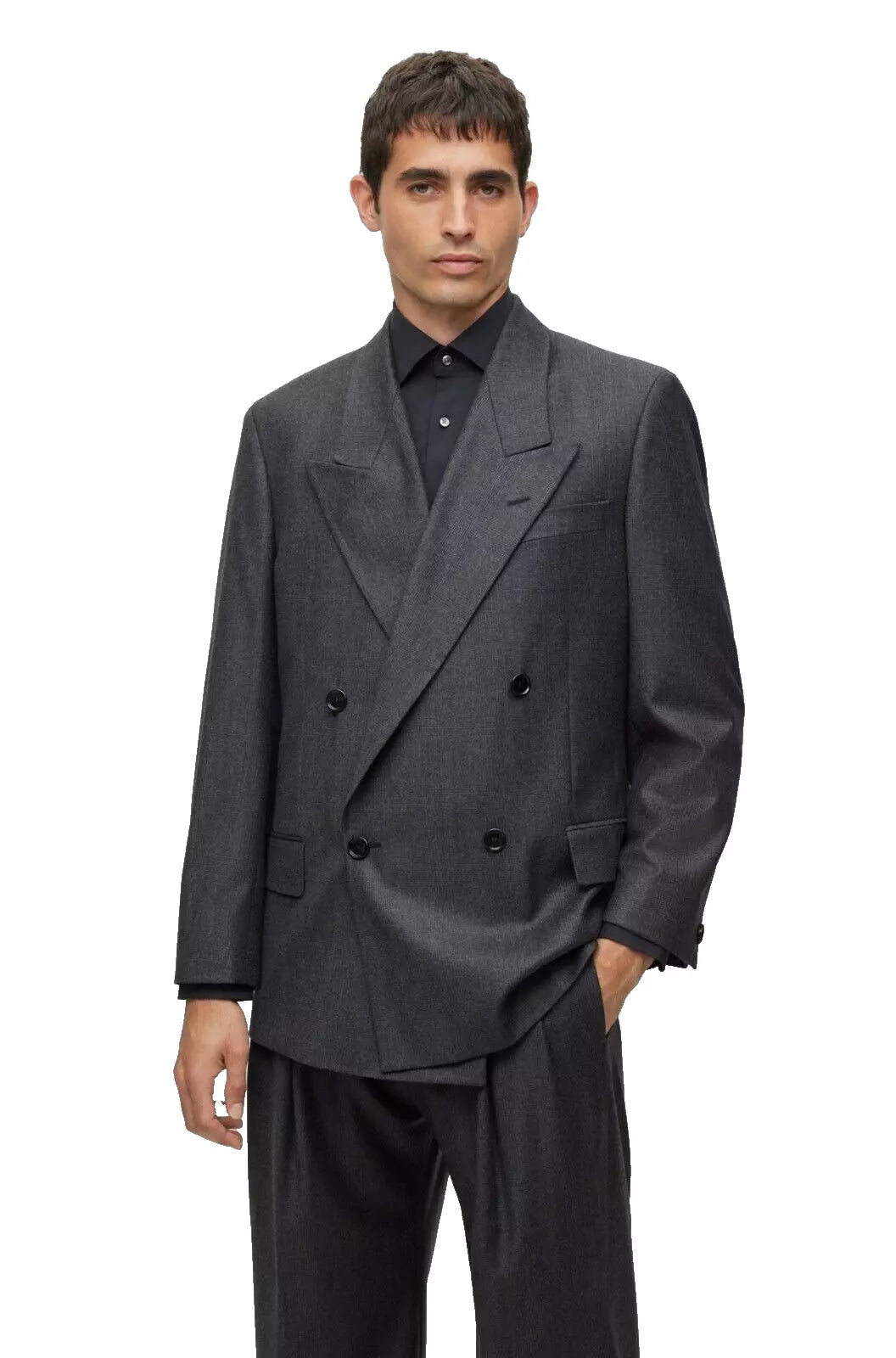 BOSS Double-Breasted Suit Jacket Virgin Wool Micro Pattern Relaxed Fit - 34R