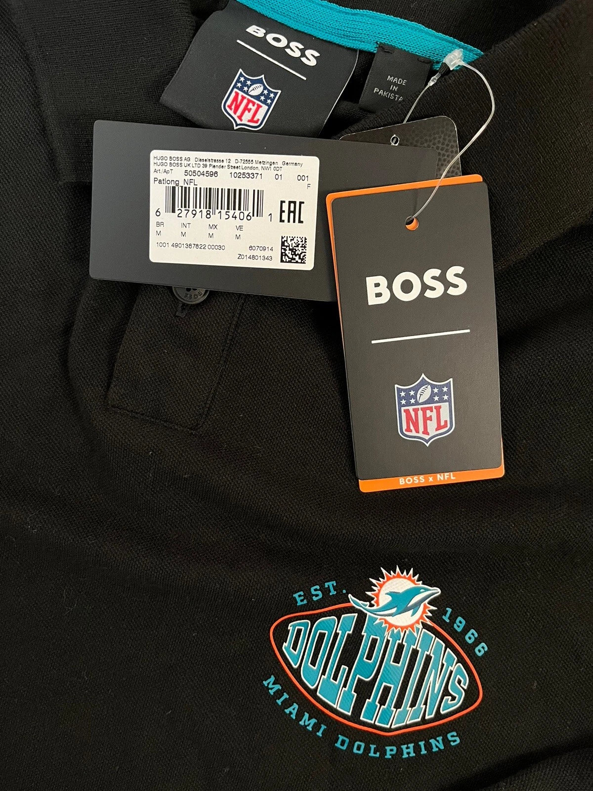 BOSS X NFL Sport Miami Dolphins Long Sleeve Cotton Polo Shirt in Black - Size M