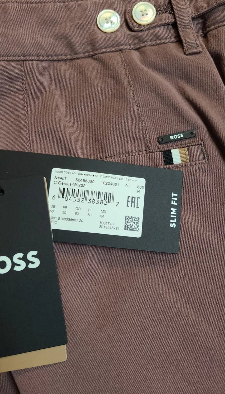 BOSS Genius Slim Fit Chinos Pants in Stretch Cotton - Size 34