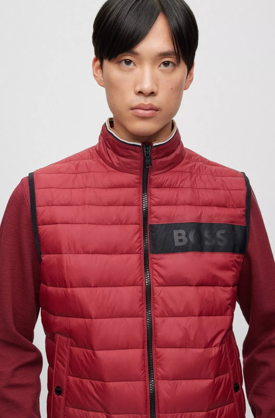 BOSS Water Repellent Gilet Vest with 3D-Logo Tape Dark Red - Size 40R