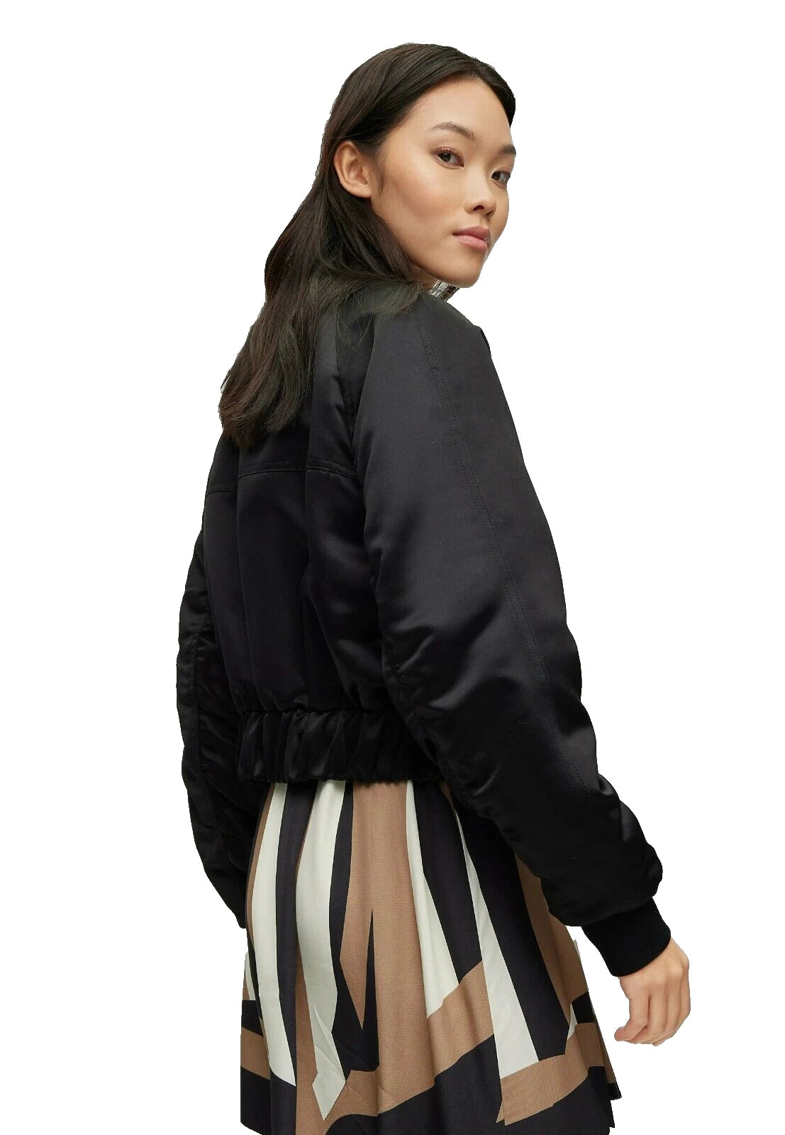 BOSS Women PANDELLA  Black Satin Bomber Jacket Relaxed Fit - Size 4 / 26