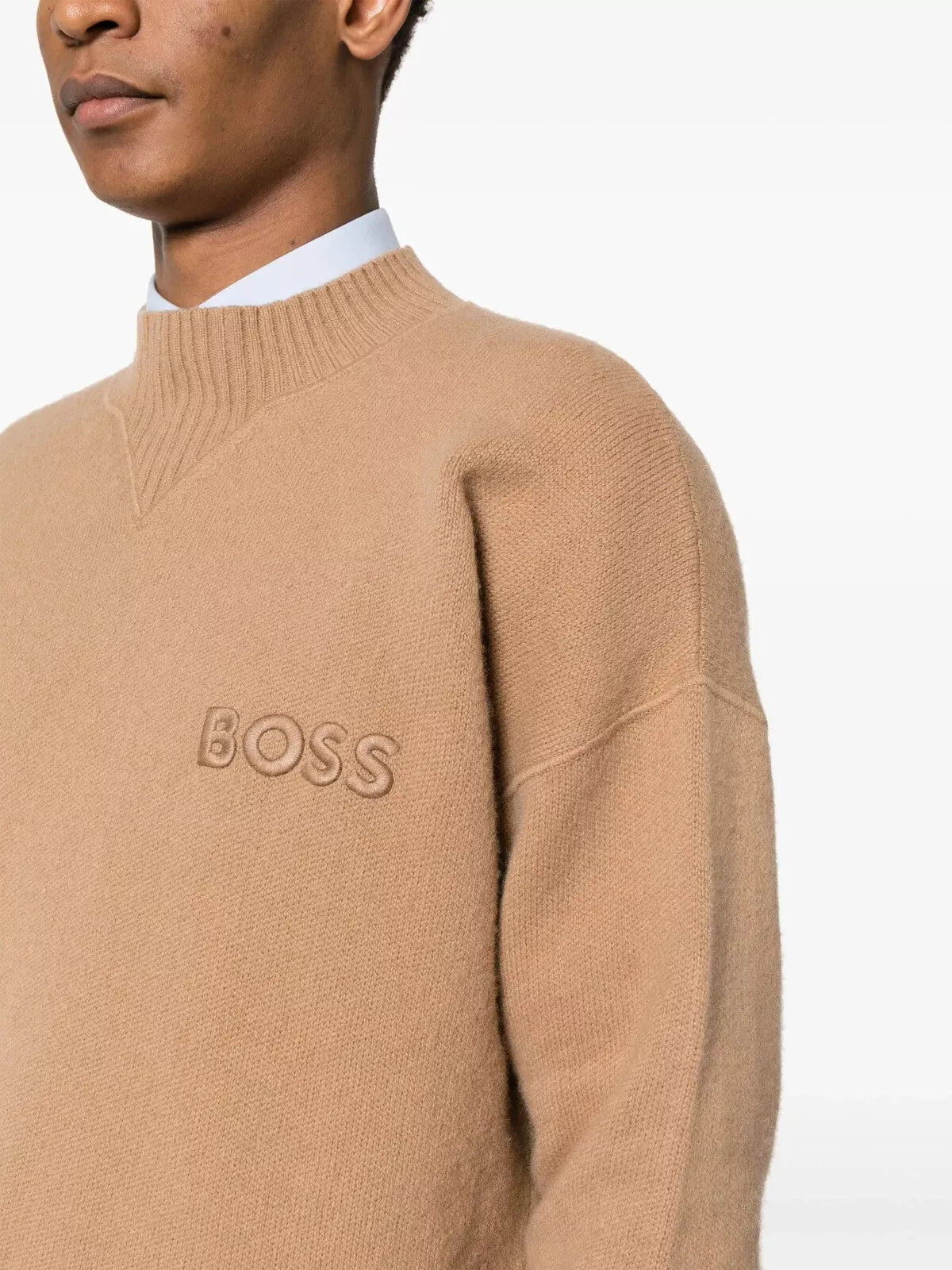 BOSS Mock Neckline Sweater Embroidered Logo in Virgin Wool Relaxed Fit - Size M