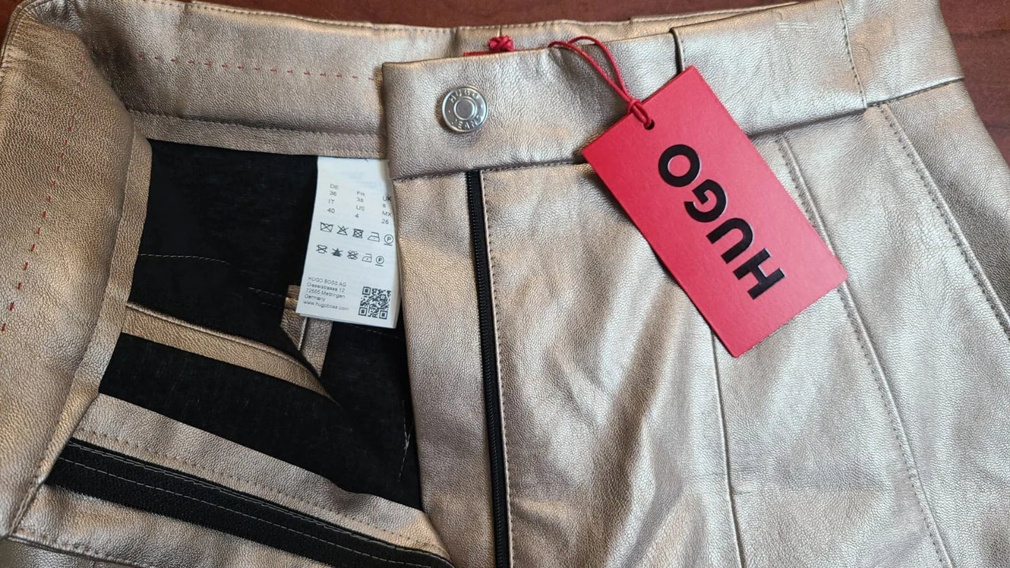 HUGO BOSS Tapered-Fit Trousers Gold-Tone Faux Leather Pants - Size 4 /26 - NWT