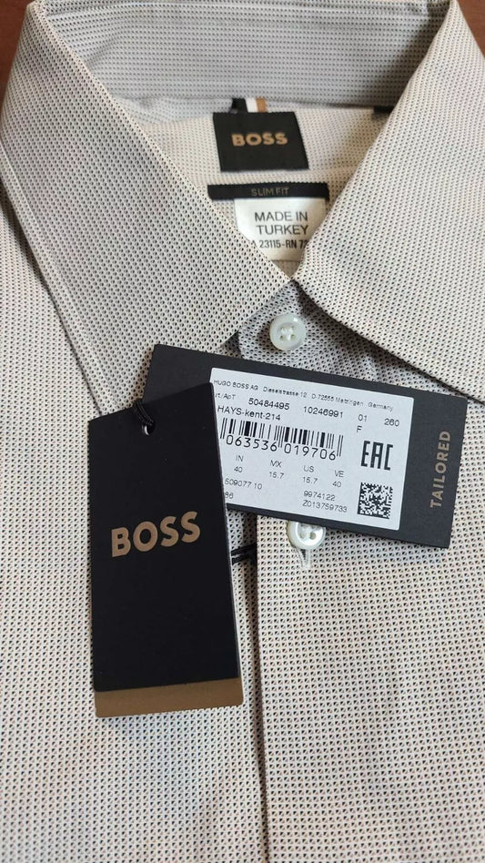 BOSS Tailored Long Sleeve Cotton Shirt Italian Fabric Patterned Slim -  M / 15.7