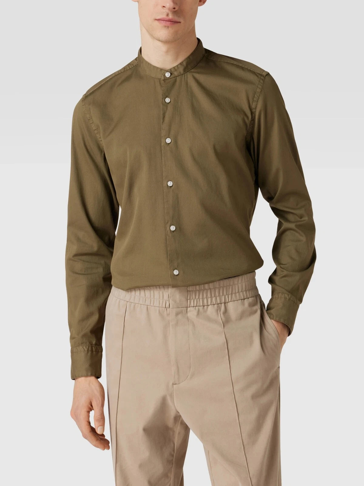 BOSS Slim-Fit Dress Stretch Shirt Stand-up Collar Olive Green - Size M / 39