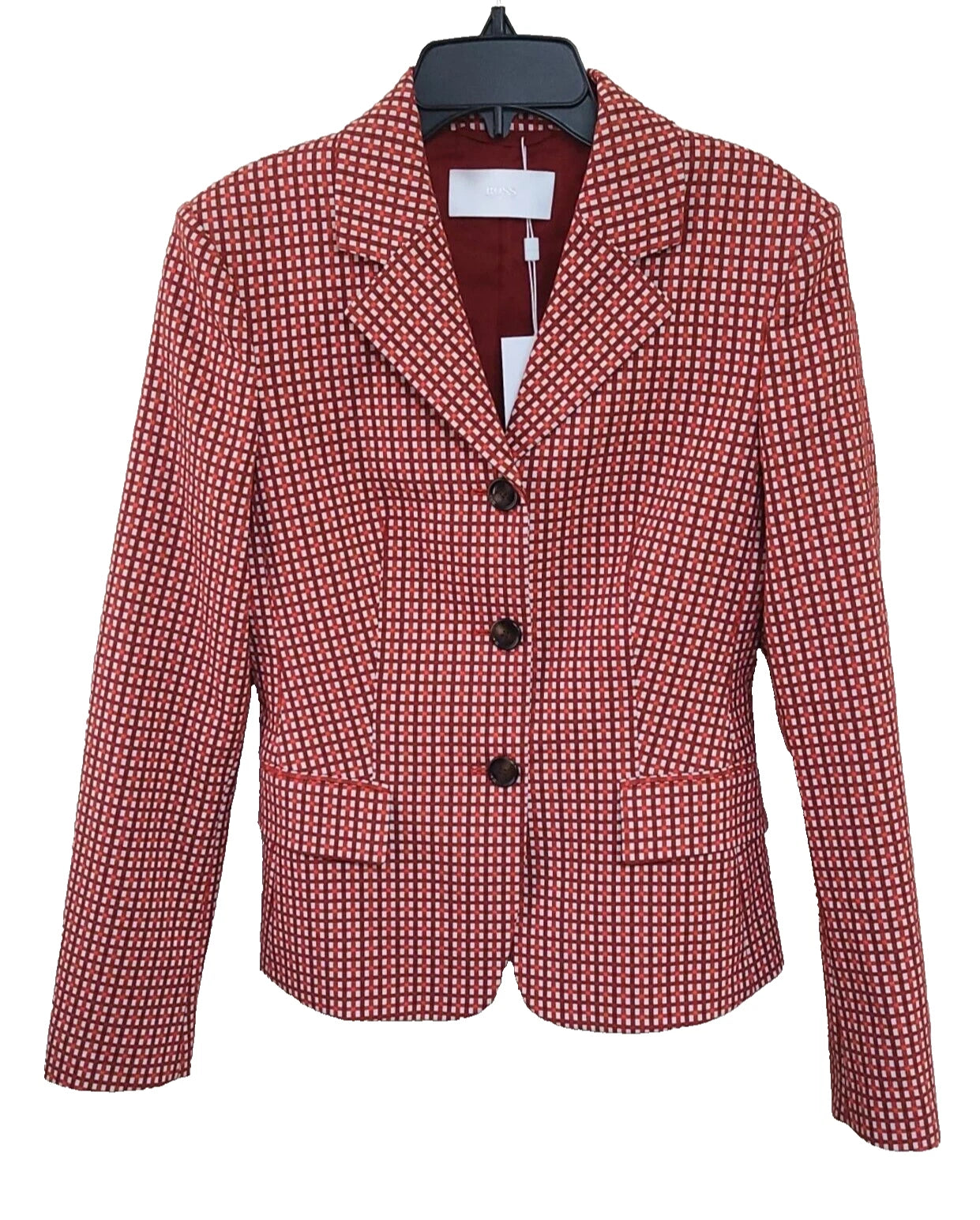 $850 - HUGO BOSS Women 2-Piece Suit with Pants in Red Houndstooth - Size 4 /26
