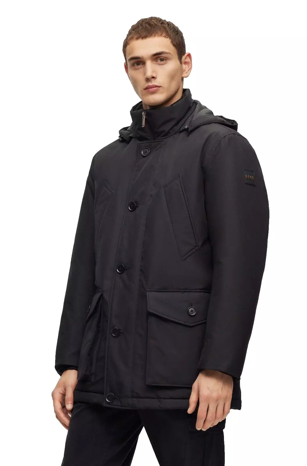 BOSS Water Repellent Jacket Parka Removable Hood Relaxed Fit in Black - Size 38R