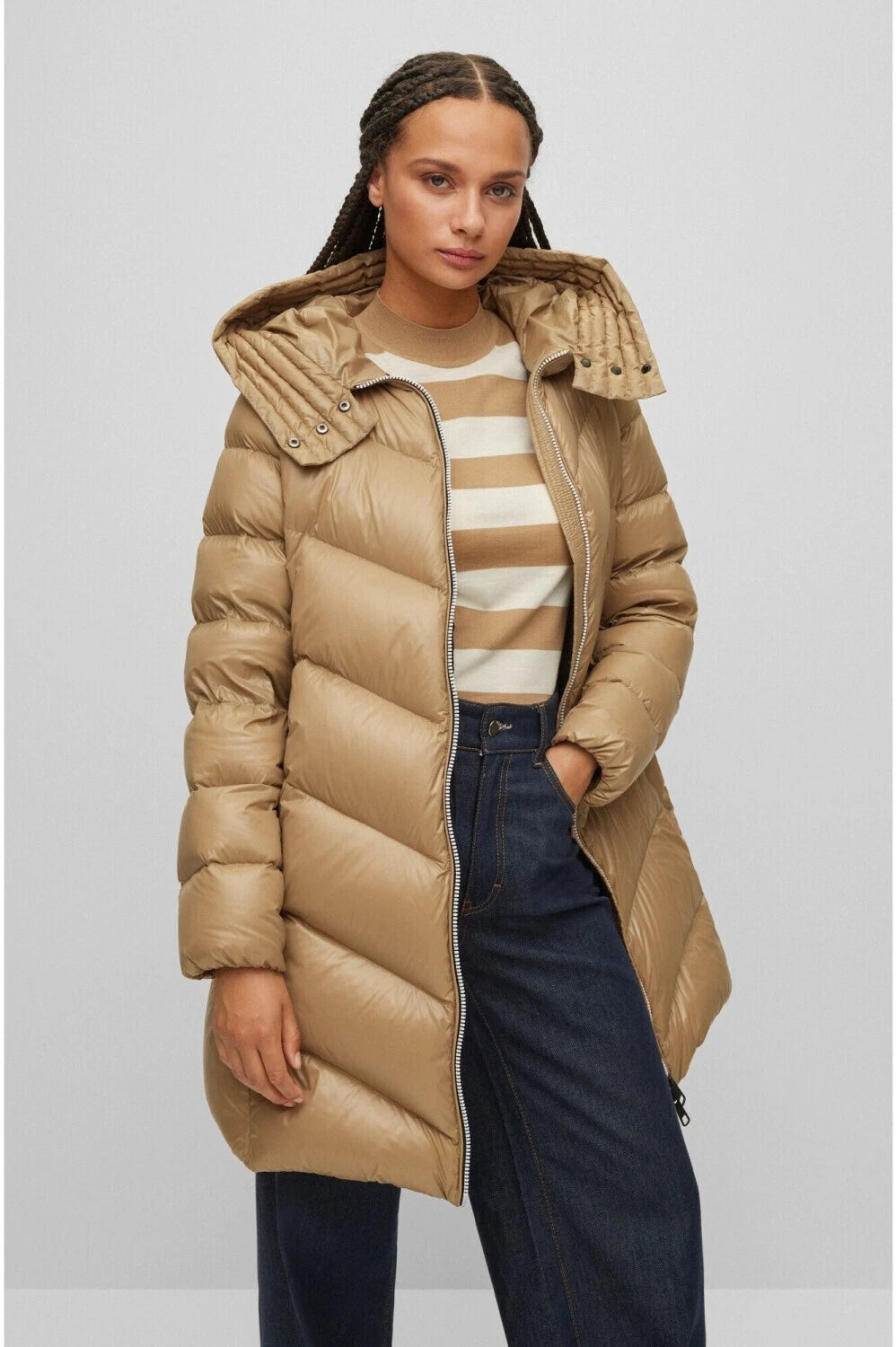 $595 - BOSS Petrana Real Down Quilted Long Jacket Parka with Hood - Size 4 / 26