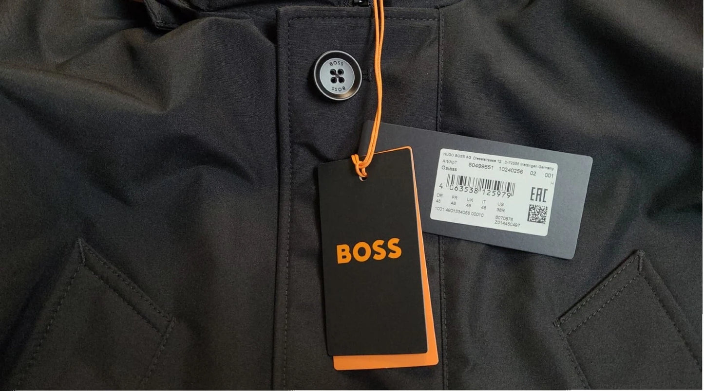 $445 - BOSS Relaxed Fit Jacket Water Repellent Parka w Removable Hood - Size 38R