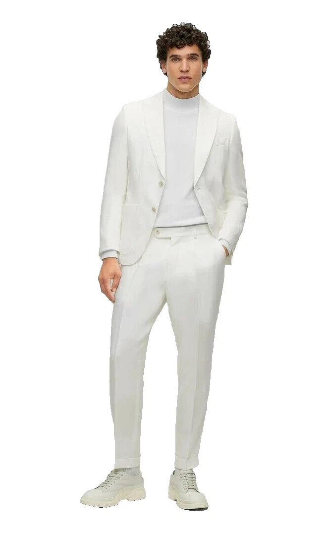 BOSS Luxury Pleated Chinos Pants in White Pure Linen Regular Fit - Size 32R