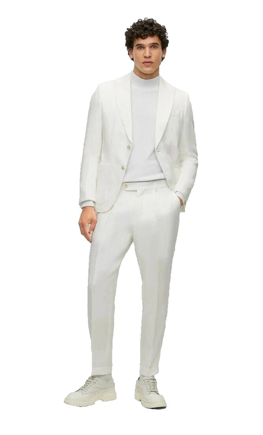 BOSS Luxury Pleated Chinos Pants in White Pure Linen Regular Fit - Size 32R