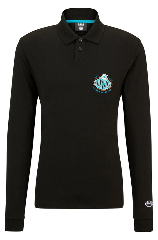 BOSS X NFL Sport Miami Dolphins Long Sleeve Cotton Polo Shirt in Black - Size M