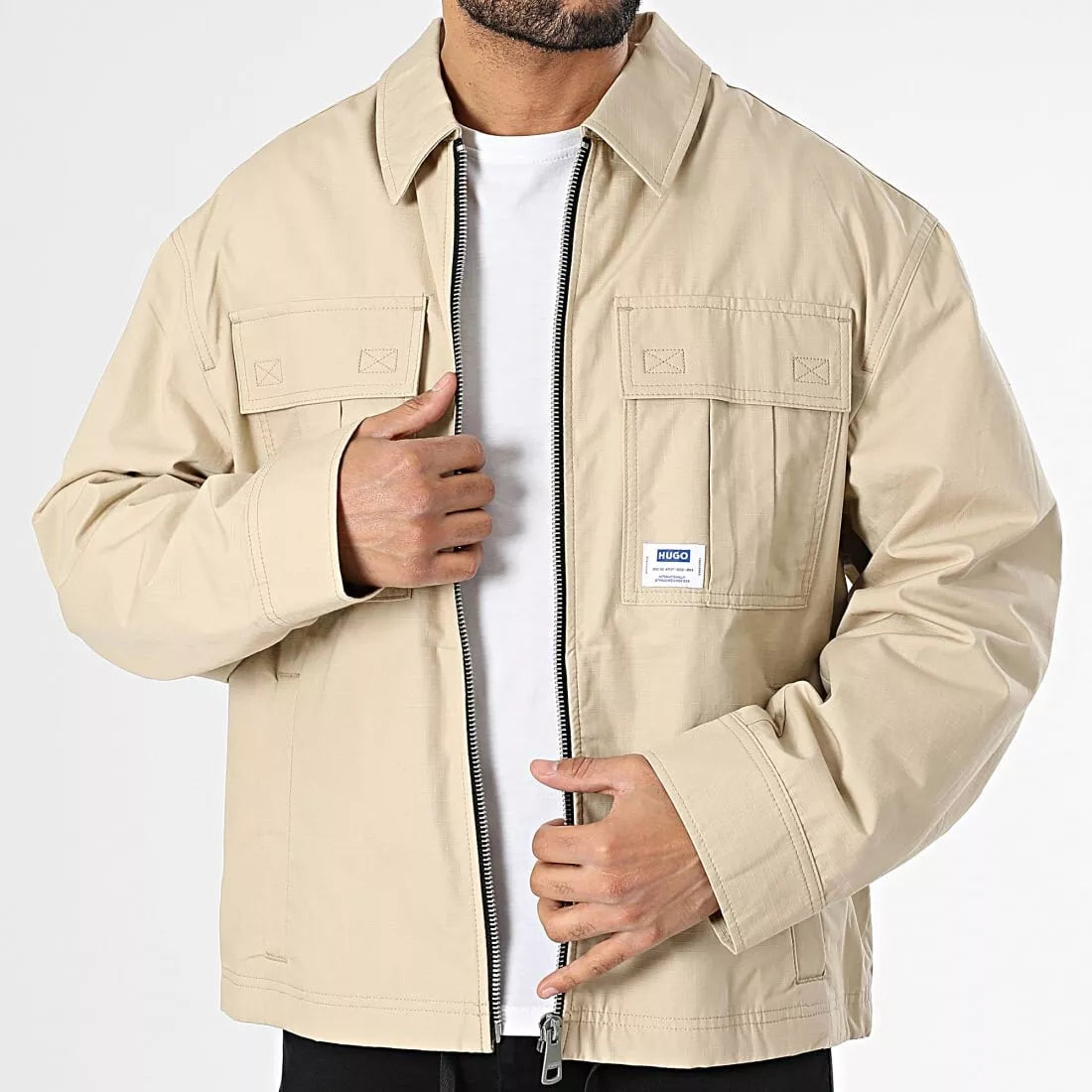 HUGO BOSS Jacket with Logo Label in Ripstop Cotton Regular Fit in Beige - Size M