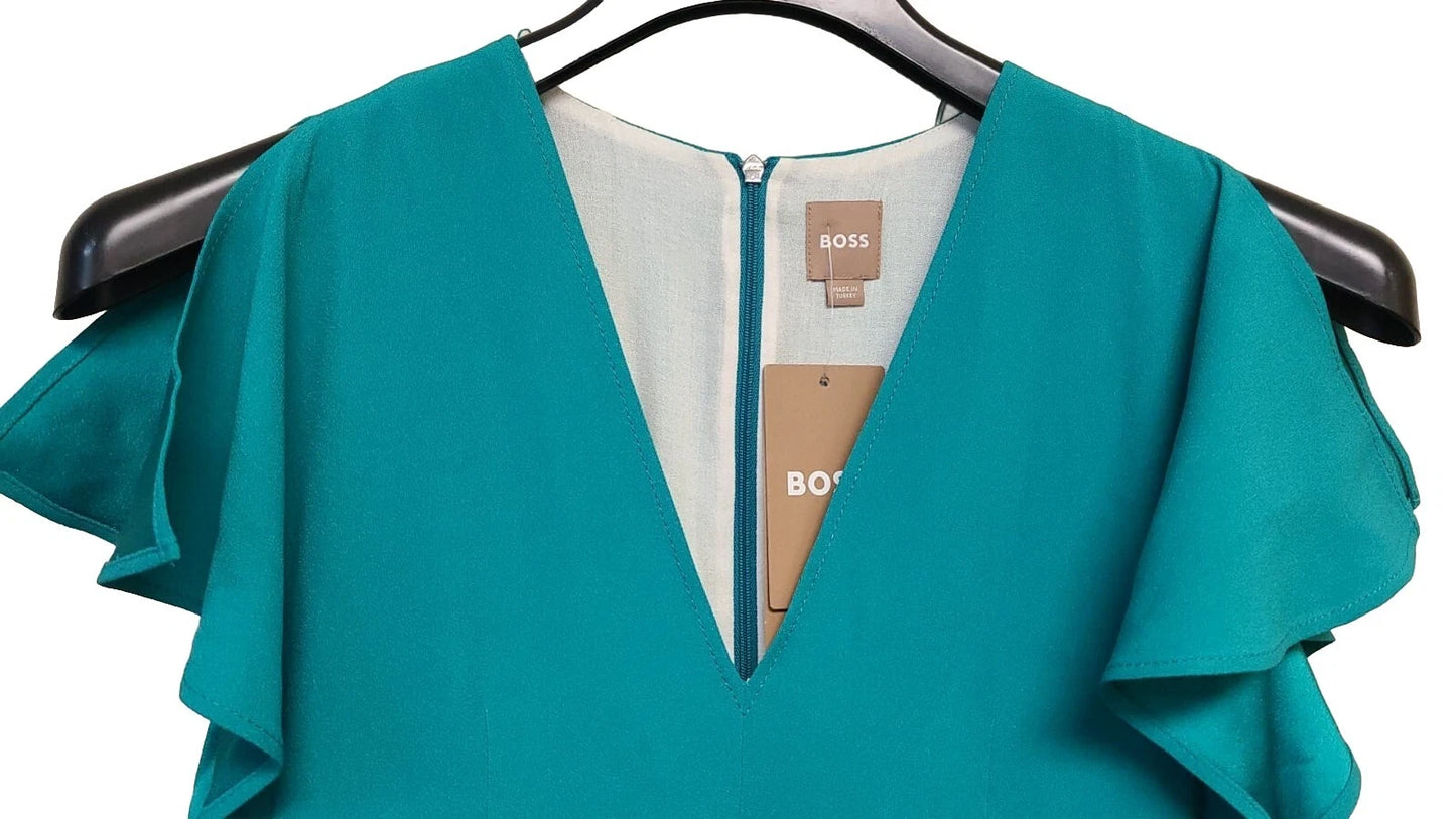 $595 - BOSS V-Neckline Long Length Dress Slim Fit Green - Size 4 /26