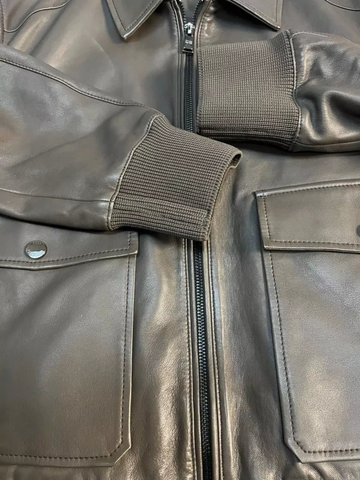 $645 - HUGO BOSS Gonel Leather Flight Jacket Ribbed Trims Regular Fit - Size 38R