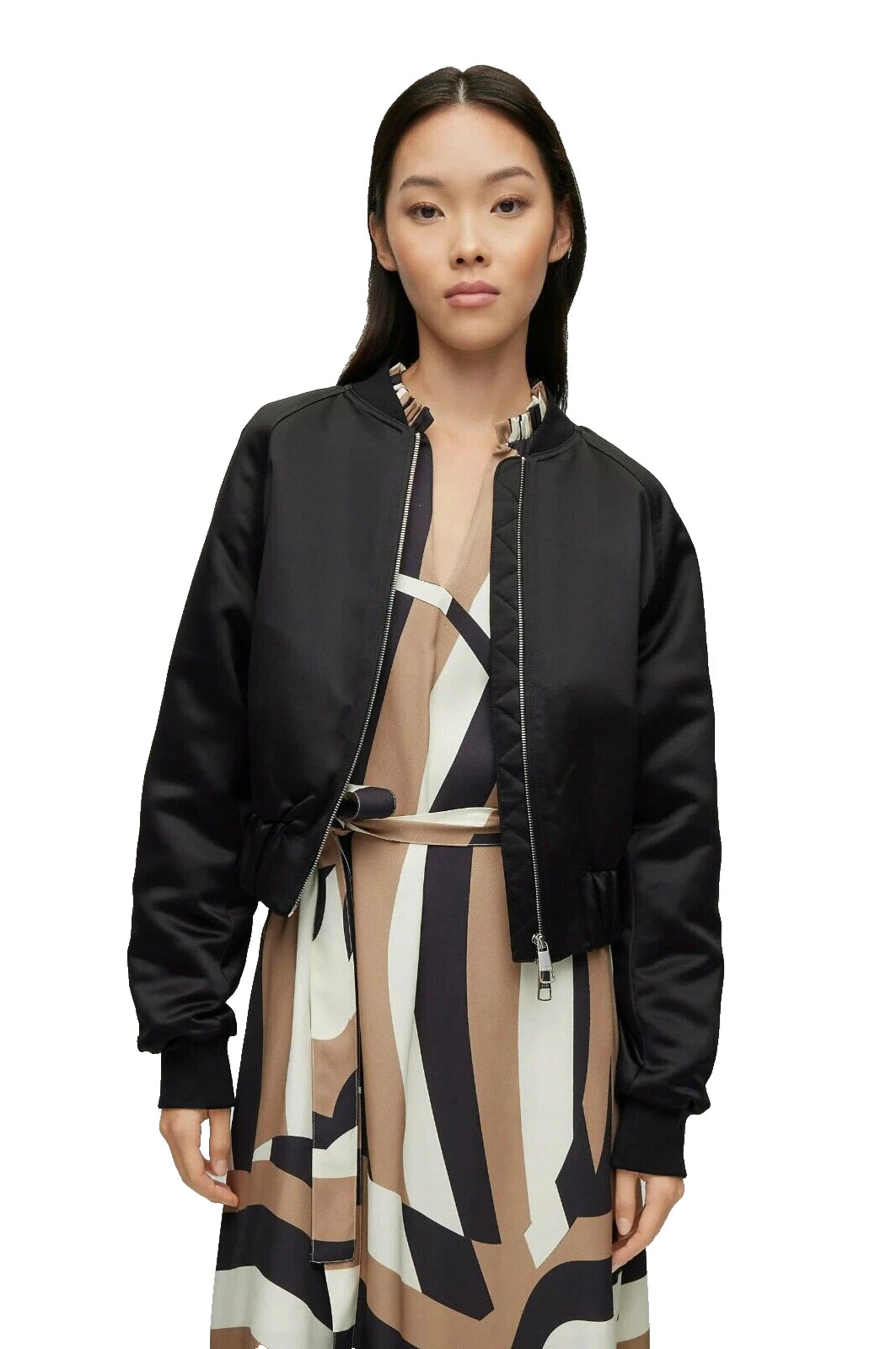 BOSS Women PANDELLA  Black Satin Bomber Jacket Relaxed Fit - Size 4 / 26