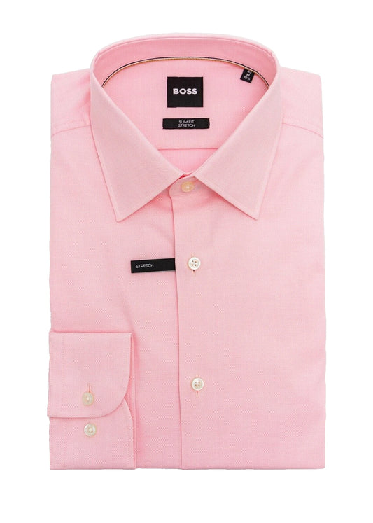 BOSS Hank Cotton Dress Shirt Micro Pattern in Pink Slim Fit Stretch - 15.5 / 39