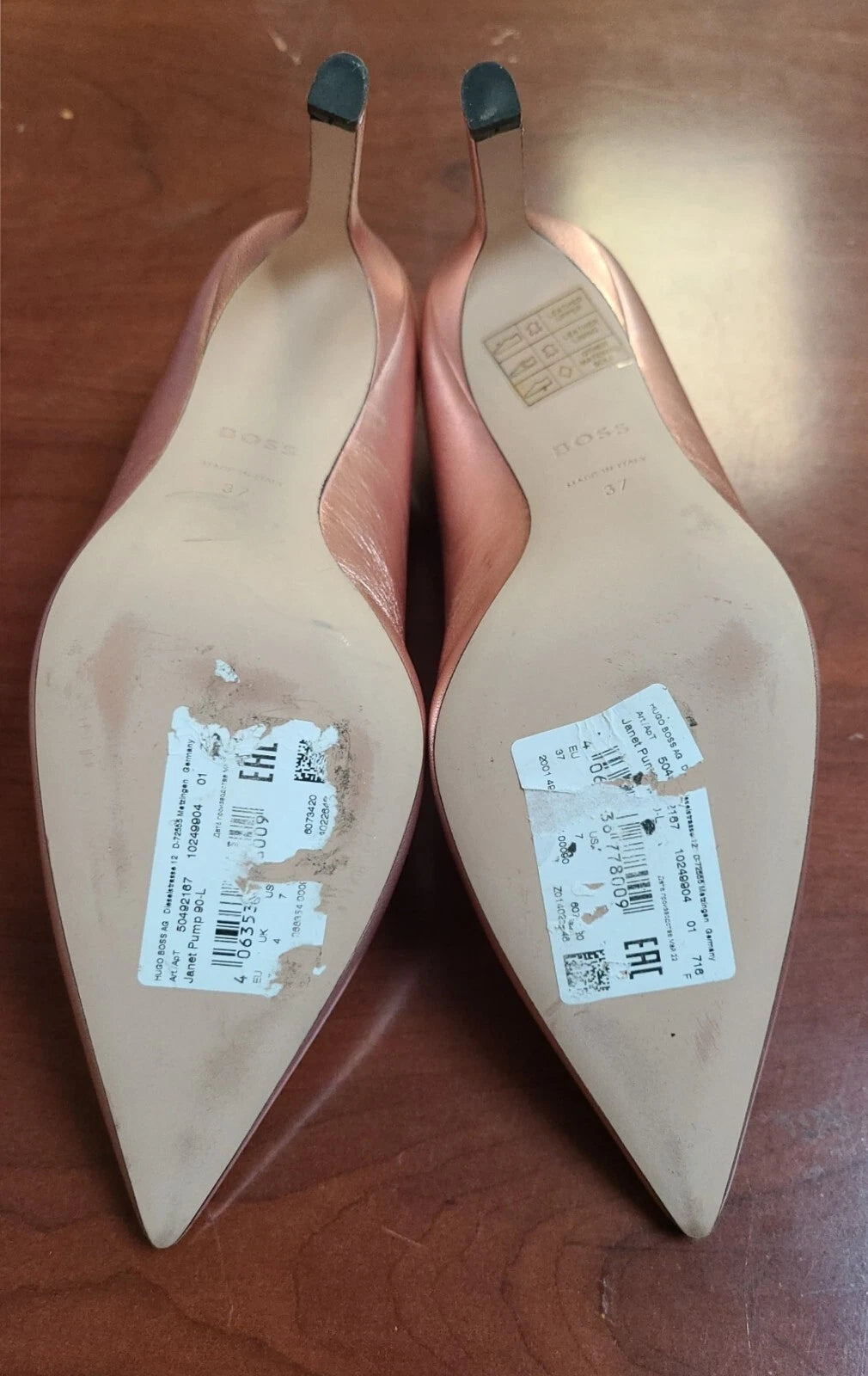 BOSS Women Stiletto Pumps Rose Gold Leather Dress Shoes Italy - Size 7 / 37