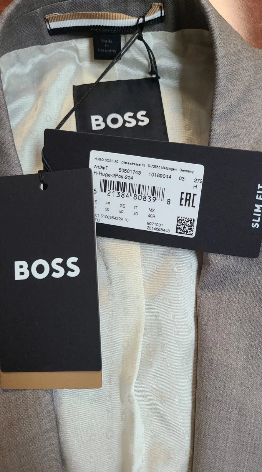 BOSS Suit Jacket in Stretch Italian Virgin Wool Fabric Slim Fit - Size 40R