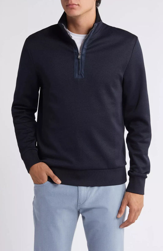 BOSS Sidney Zip-Neck Sweatshirt Sweater in Micro Structured Dark Blue - Size M