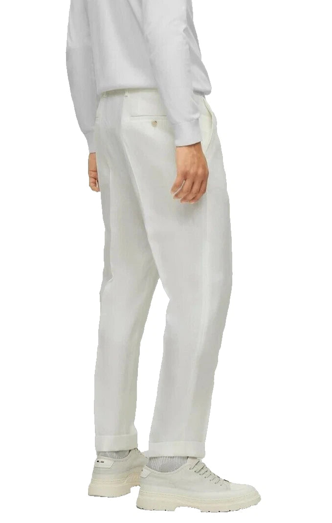 BOSS Luxury Pleated Chinos Pants in White Pure Linen Regular Fit - Size 32R