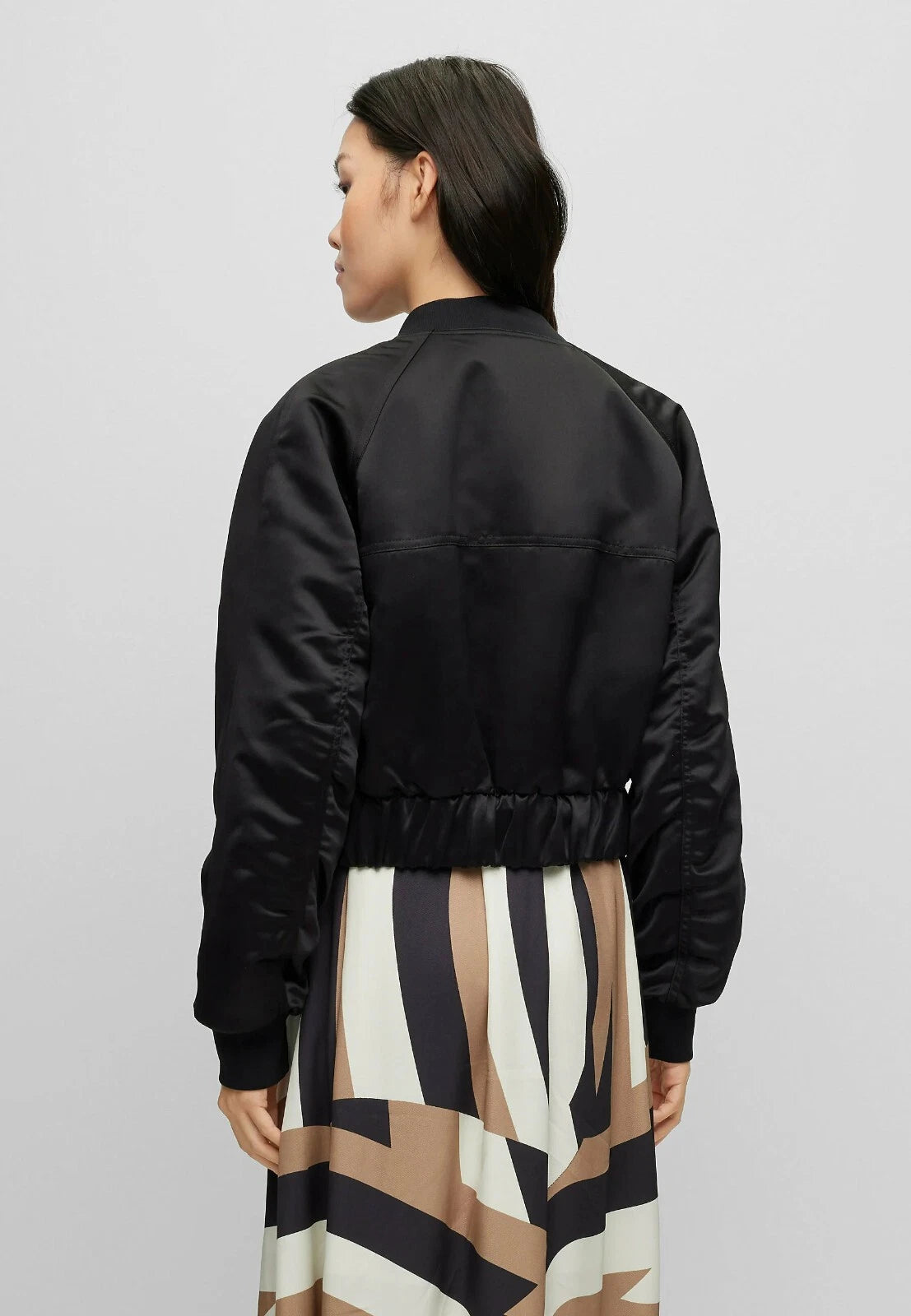 BOSS Women PANDELLA  Black Satin Bomber Jacket Relaxed Fit - Size 4 / 26