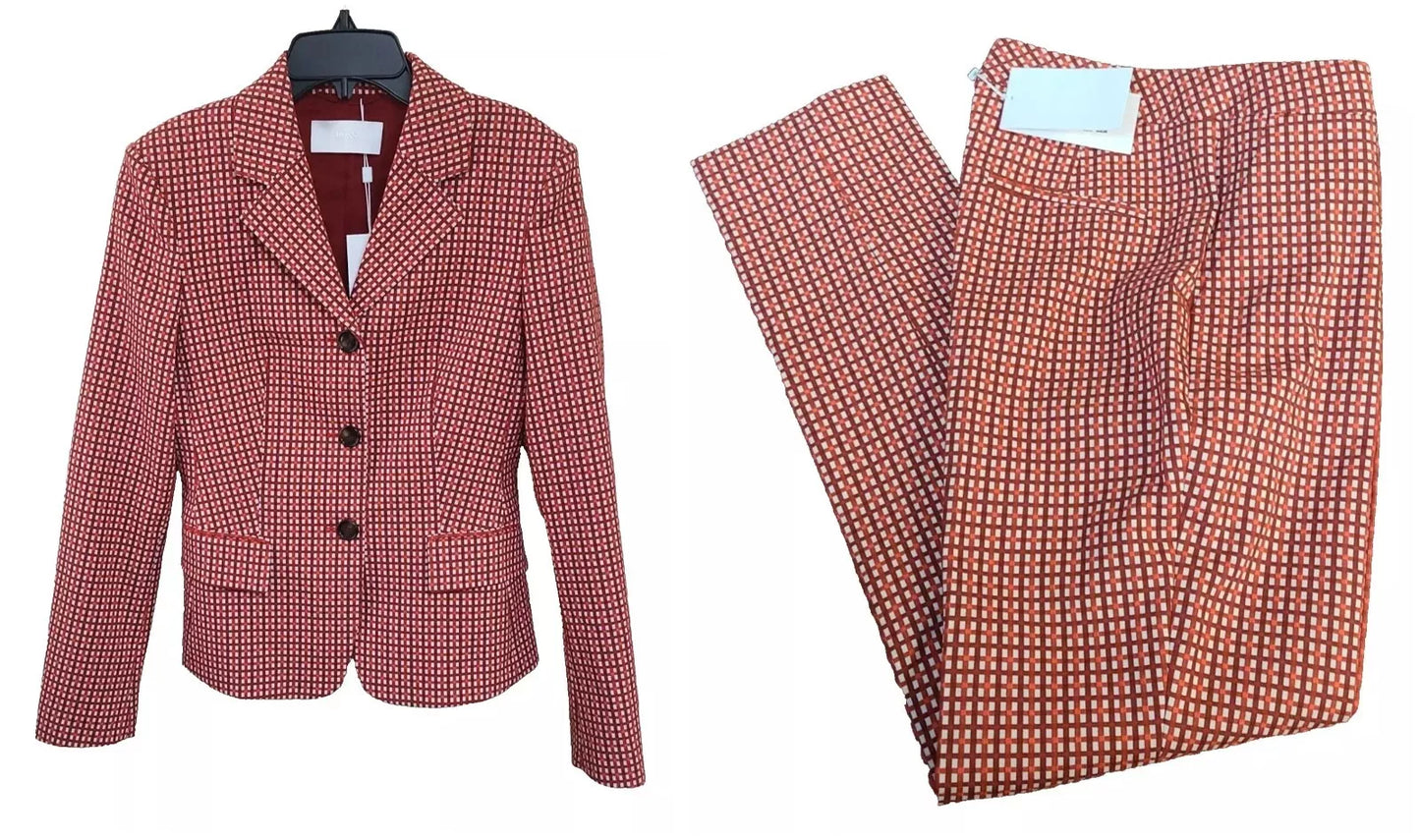 $850 - HUGO BOSS Women 2-Piece Suit with Pants in Red Houndstooth - Size 4 /26