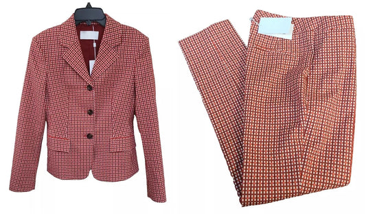 $850 - HUGO BOSS Women 2-Piece Suit with Pants in Red Houndstooth - Size 4 /26