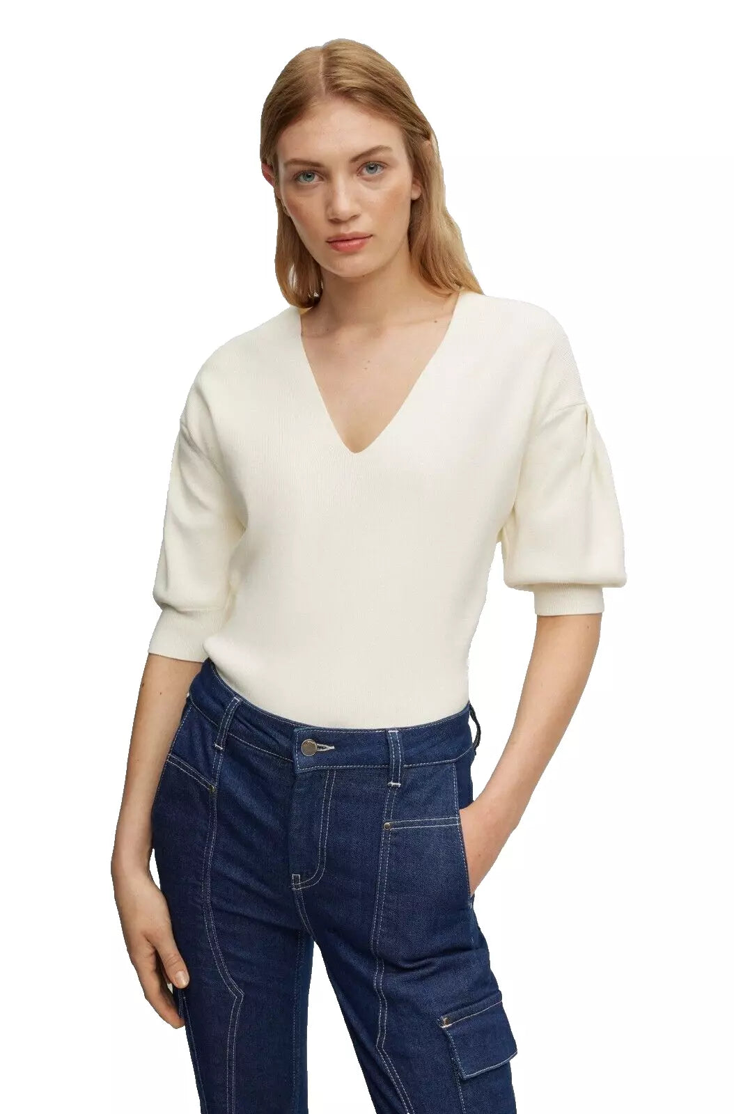 BOSS V-Neck Sweater Puff Sleeves Back Logo in White Regular Fit - Size S  / CH