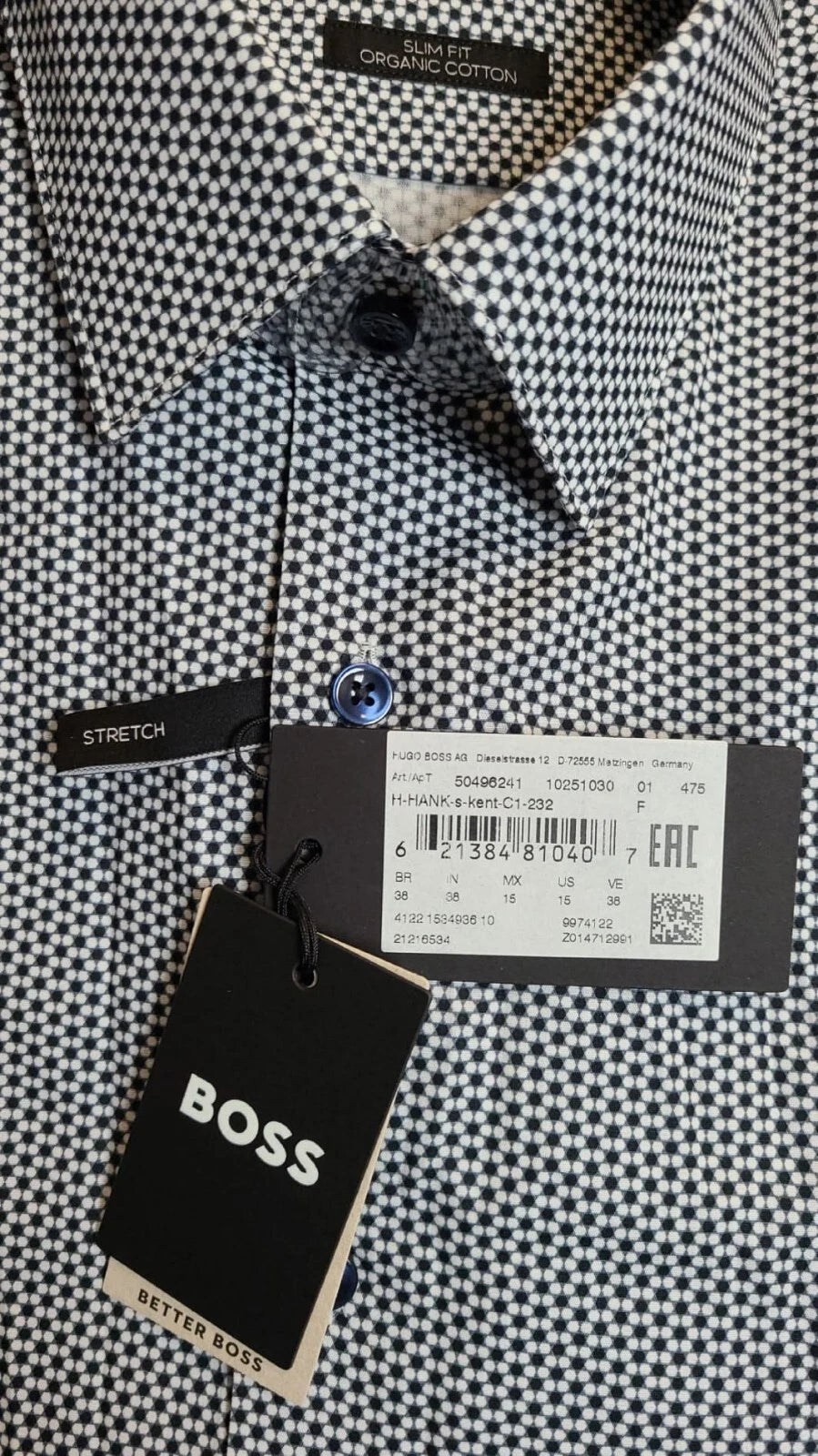 BOSS Hank Dress Shirt in Stretch Printed Organic Cotton Slim Fit - Size 15 / 38