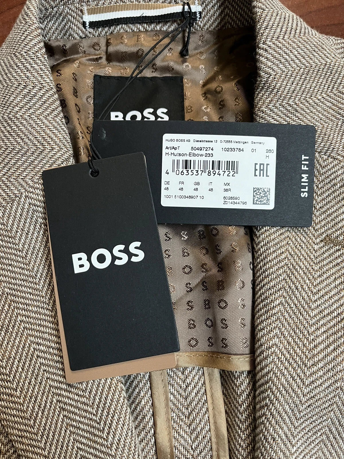 $695 - BOSS Sport Jacket Herringbone Cotton and Virgin Wool Slim Fit - Size 38R