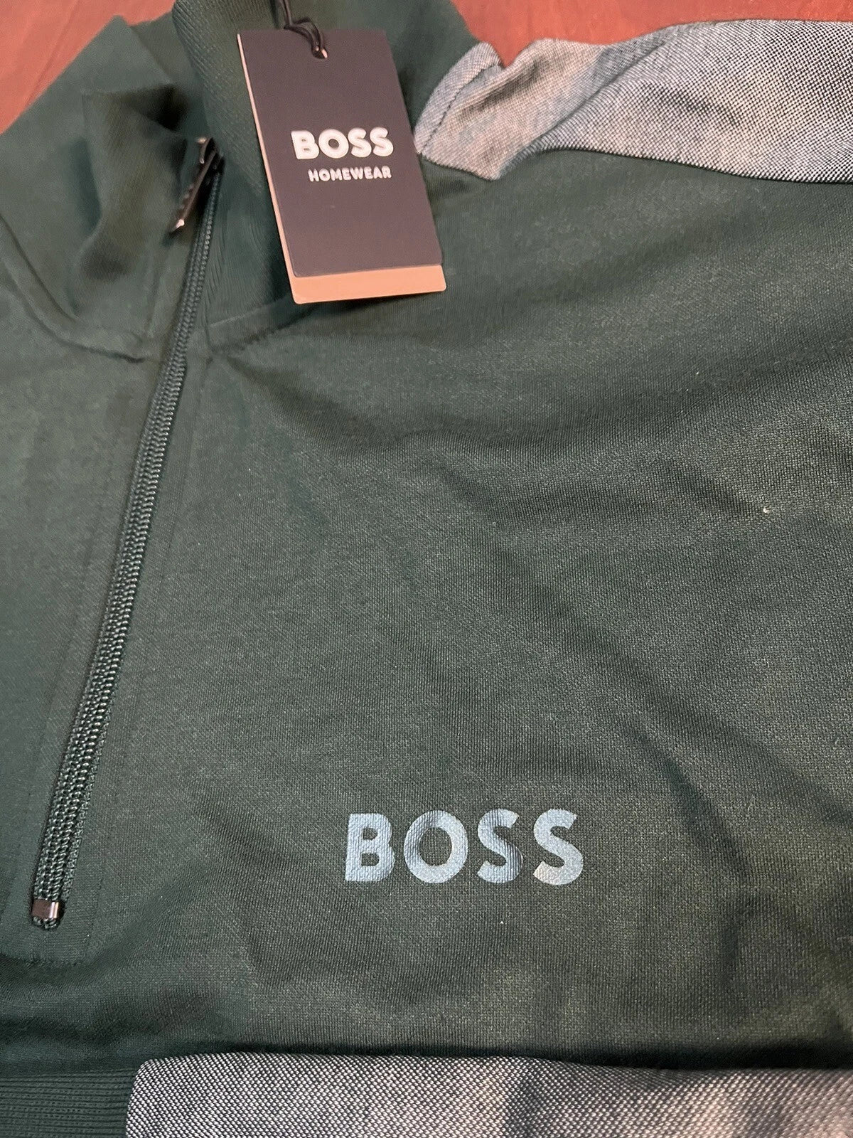 BOSS Quarter Zip Pullover Tracksuit Jacket Sweater with Logo in Green - Size M