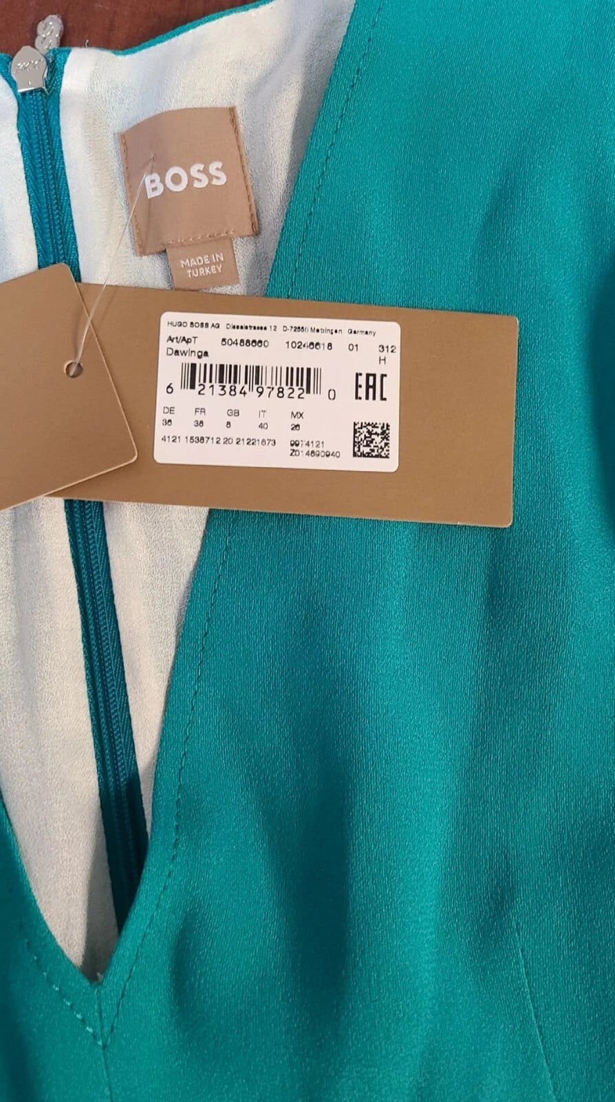 $595 - BOSS V-Neckline Long Length Dress Slim Fit Green - Size 4 /26