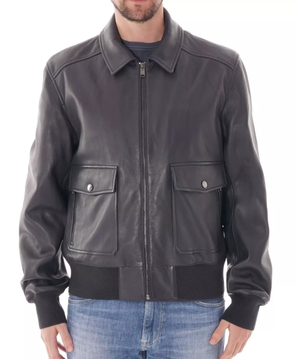 $645 - HUGO BOSS Gonel Leather Flight Jacket Ribbed Trims Regular Fit - Size 38R