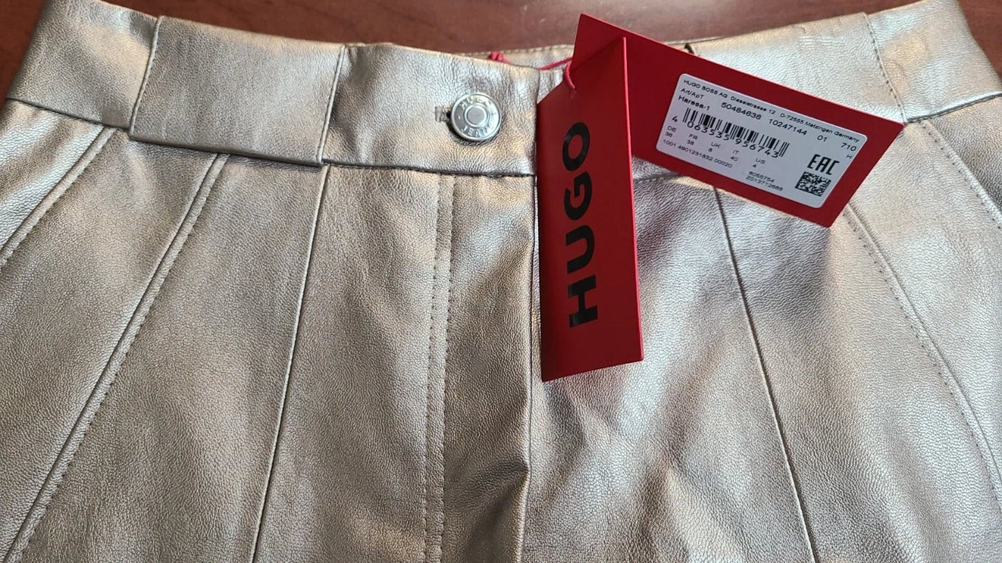 HUGO BOSS Tapered-Fit Trousers Gold-Tone Faux Leather Pants - Size 4 /26 - NWT