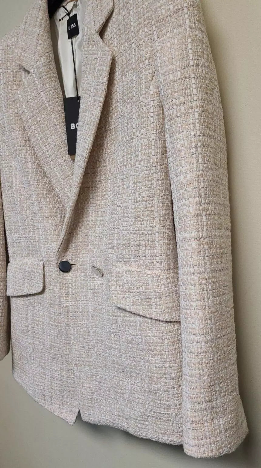 $645 BOSS Women Regular Fit Jacket Blazer in Tweed Beige Pattern - Size  4 / 26