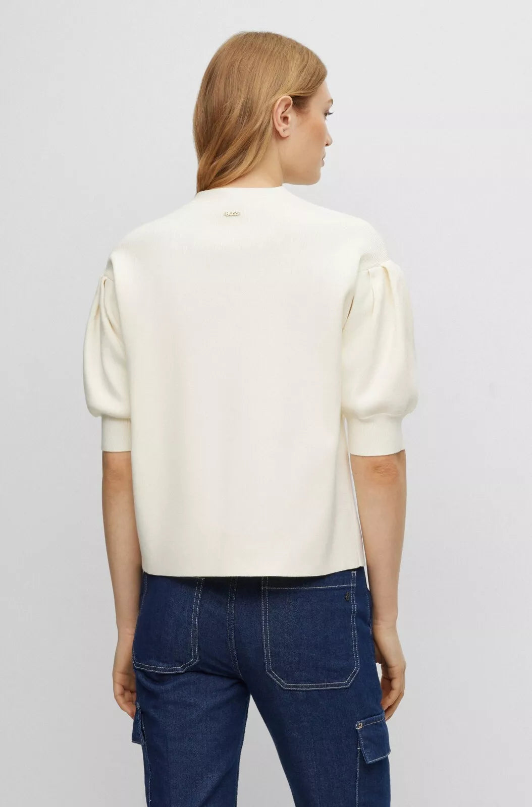 BOSS V-Neck Sweater Puff Sleeves Back Logo in White Regular Fit - Size S  / CH