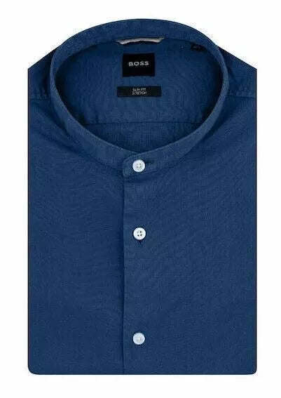 BOSS Hank Mandarin Collar Shirt Stretch Cotton Slim Fit Blue - Size 15.5 / 39