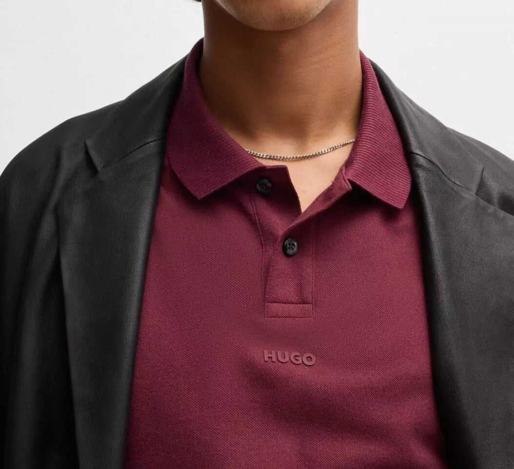 HUGO BOSS Cotton-Piqué Polo Shirt with Logo Print Relaxed Fit Maroon - Size M