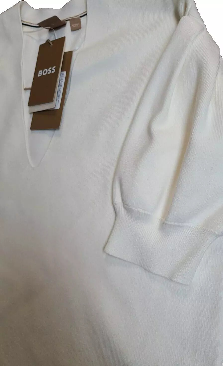 BOSS V-Neck Sweater Puff Sleeves Back Logo in White Regular Fit - Size S  / CH