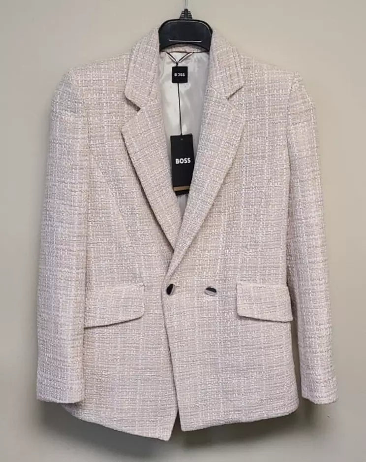 $645 BOSS Women Regular Fit Jacket Blazer in Tweed Beige Pattern - Size  4 / 26