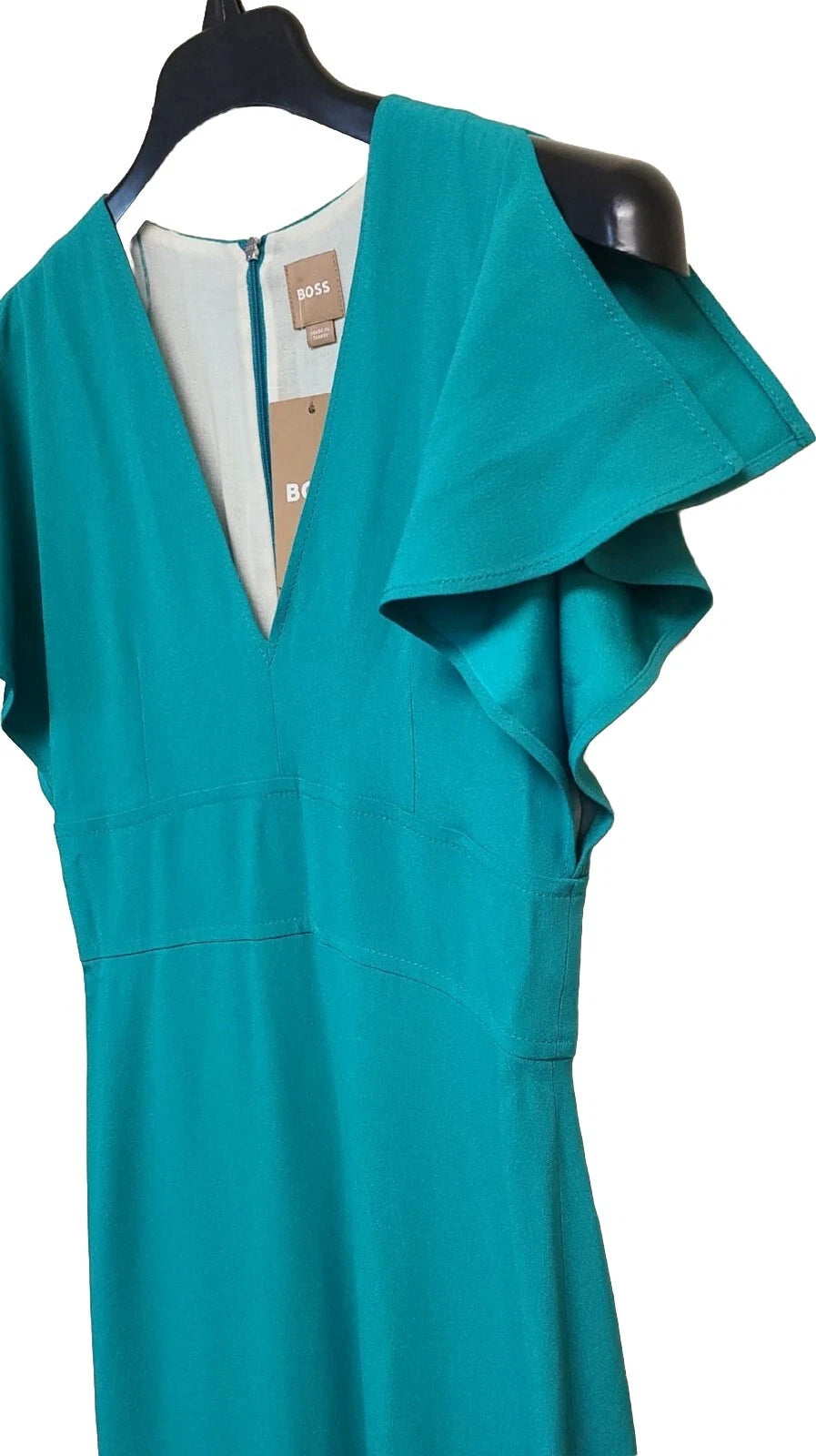 $595 - BOSS V-Neckline Long Length Dress Slim Fit Green - Size 4 /26