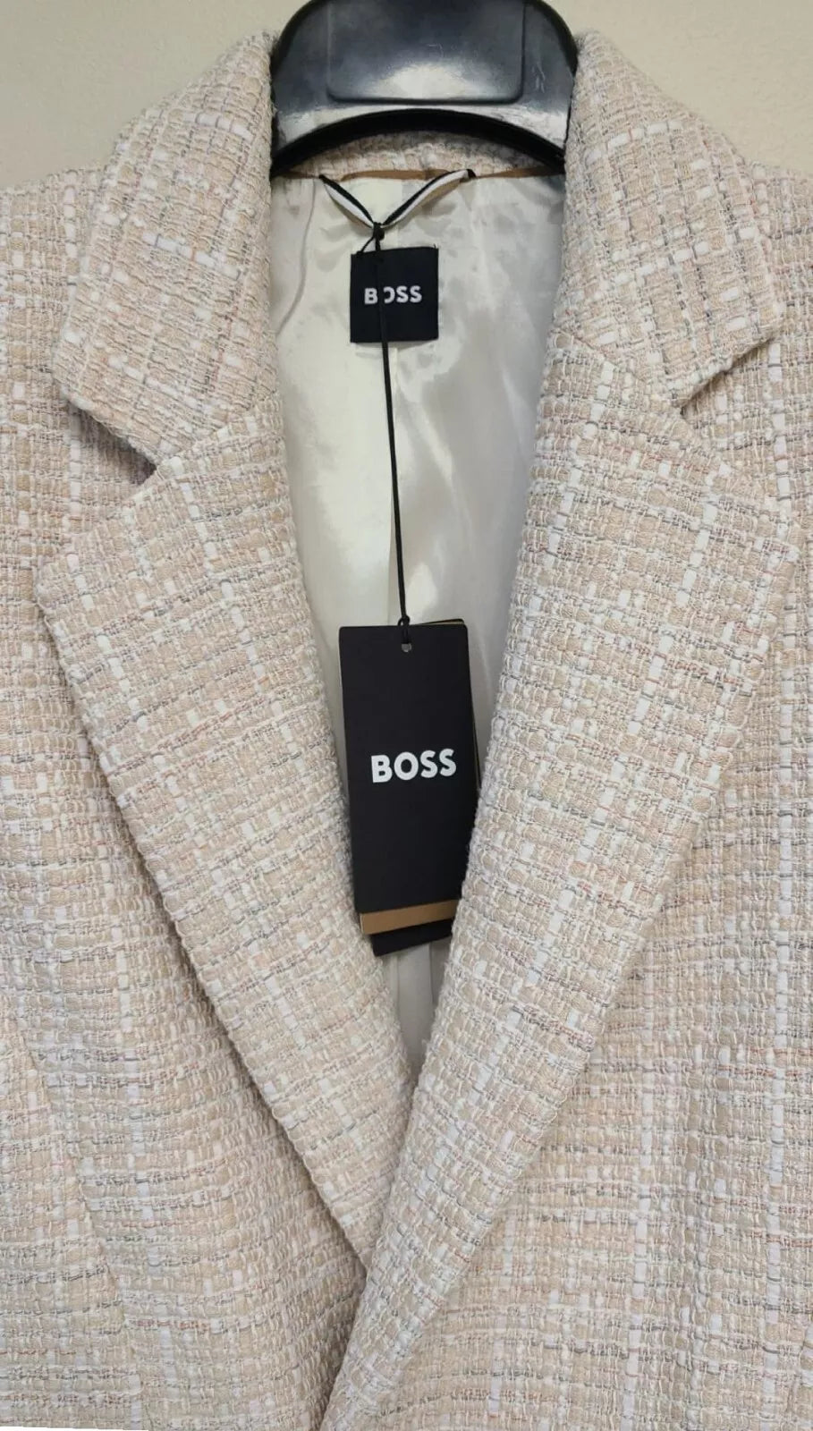 $645 BOSS Women Regular Fit Jacket Blazer in Tweed Beige Pattern - Size  4 / 26