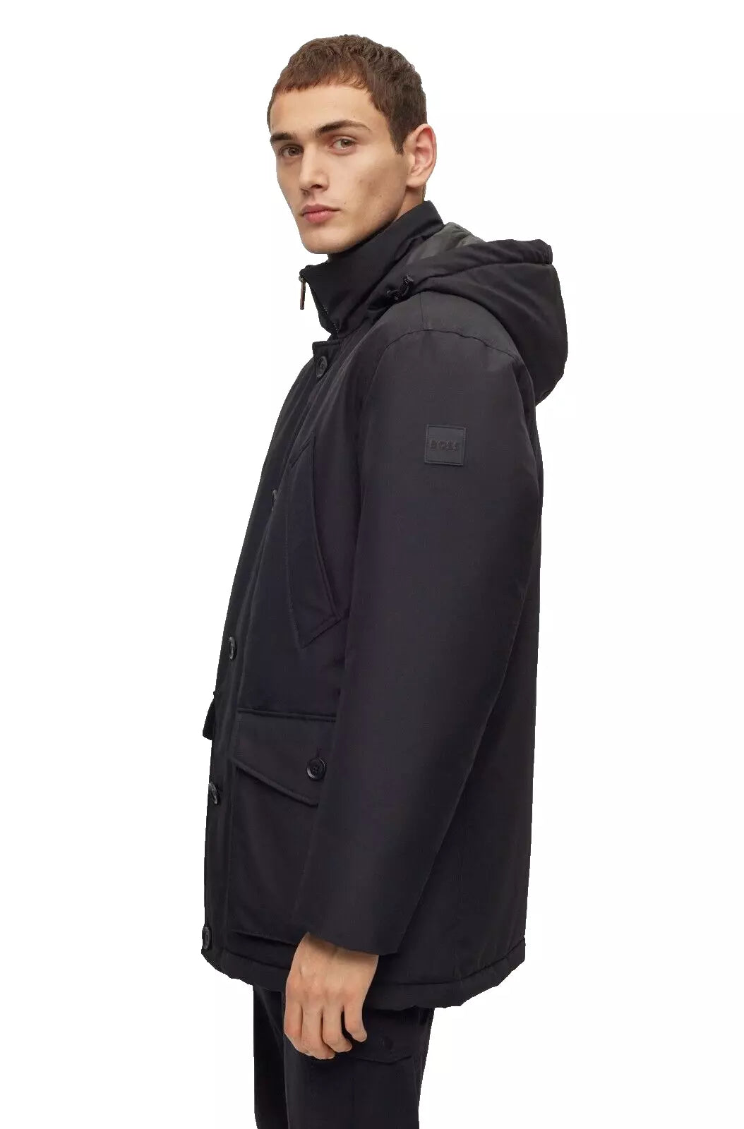 BOSS Water Repellent Jacket Parka Removable Hood Relaxed Fit in Black - Size 38R