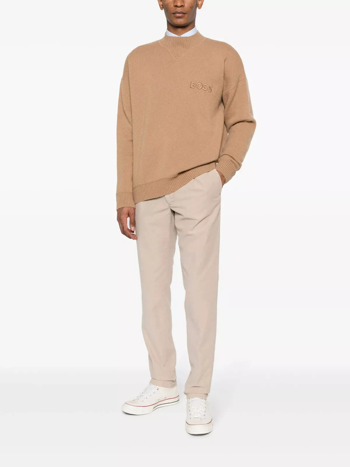 BOSS Mock Neckline Sweater Embroidered Logo in Virgin Wool Relaxed Fit - Size M