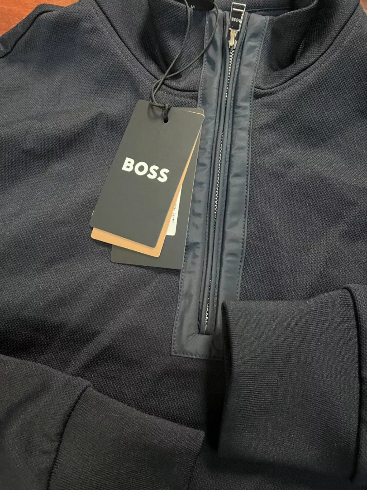 BOSS Sidney Zip-Neck Sweatshirt Sweater in Micro Structured Dark Blue - Size M