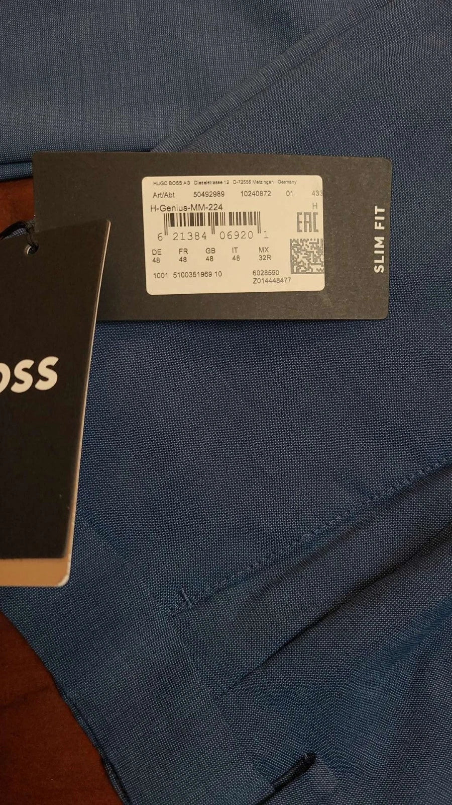 BOSS Genius Suit Pants in Virgin Wool Light Blue Slim Fit - Size 32R