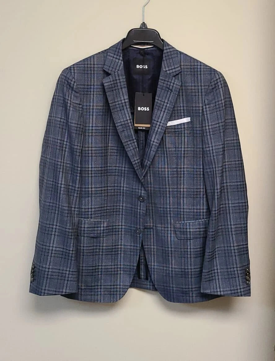 $645 - BOSS Slim Fit Sport Jacket Checked Virgin Wool - Size 40R - NWT